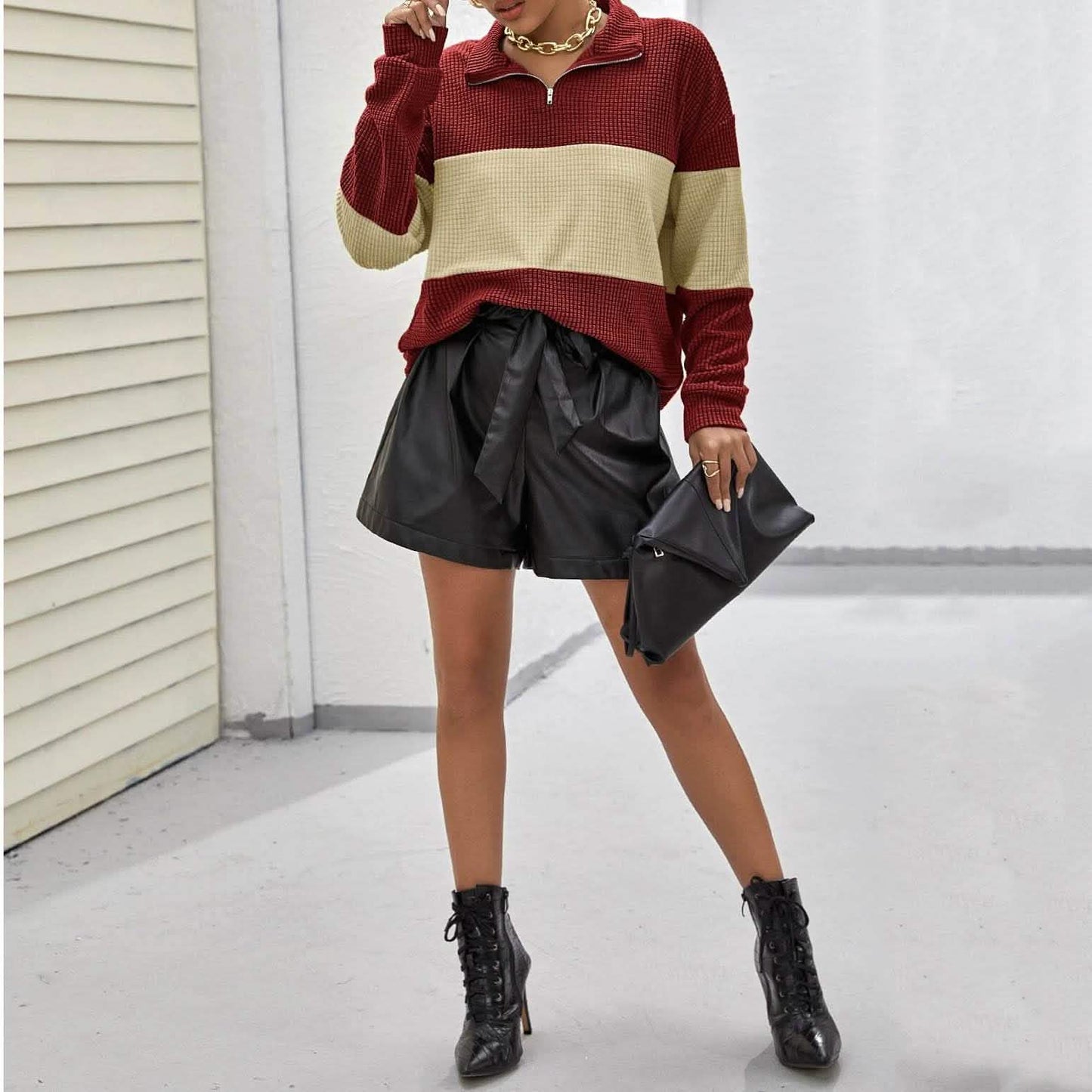 Drop Shoulder Two Tone Textured Half Placket Pullover DailySale