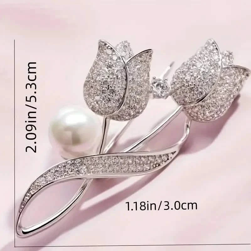 Exquisite Tulip-Shaped Faux Pearl Brooch Adorned with Artificial Diamond DailySale