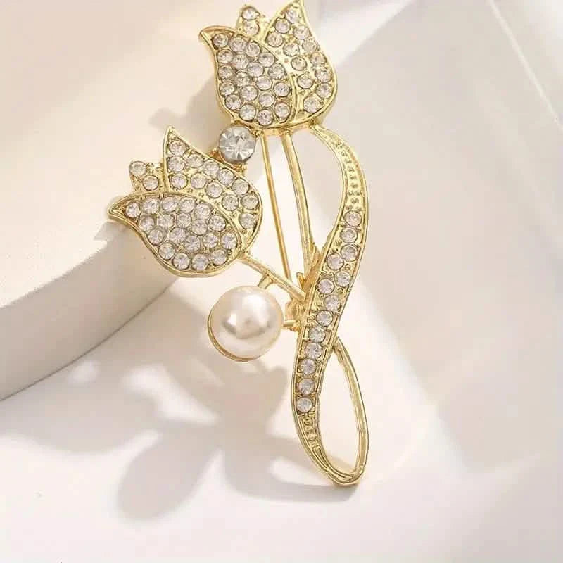 Exquisite Tulip-Shaped Faux Pearl Brooch Adorned with Artificial Diamond DailySale