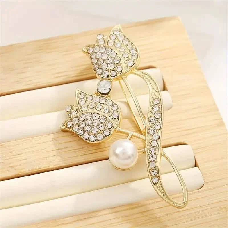 Exquisite Tulip-Shaped Faux Pearl Brooch Adorned with Artificial Diamond DailySale