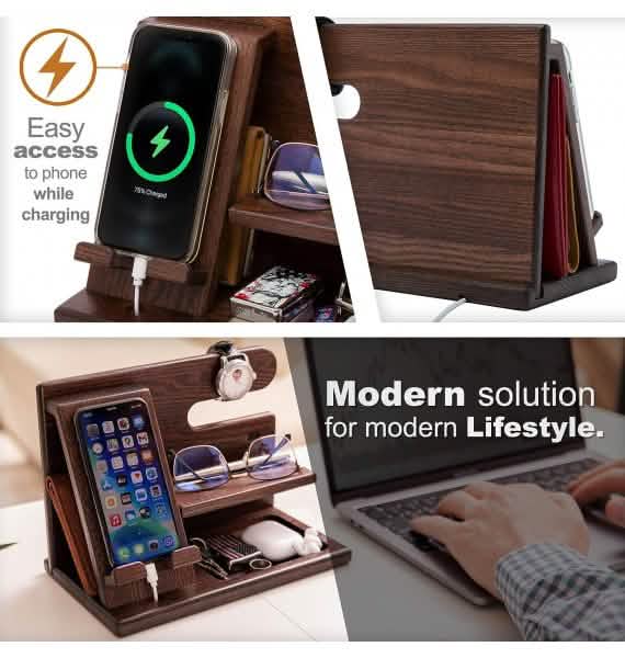 TESLYAR Wood Phone Docking Station Ash Key Holder Wallet Stand DailySale