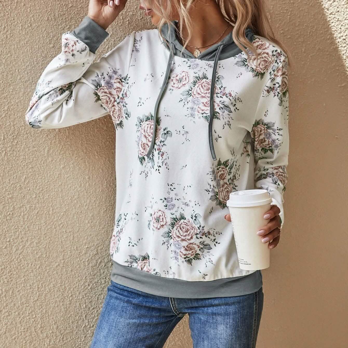 Floral Print Drawstring Hoodie DailySale