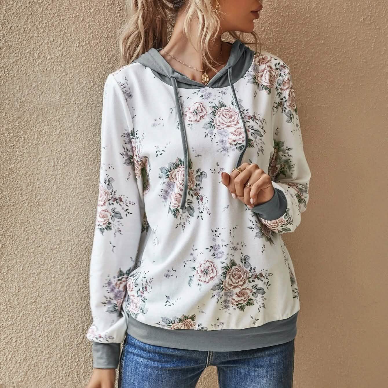 Floral Print Drawstring Hoodie DailySale