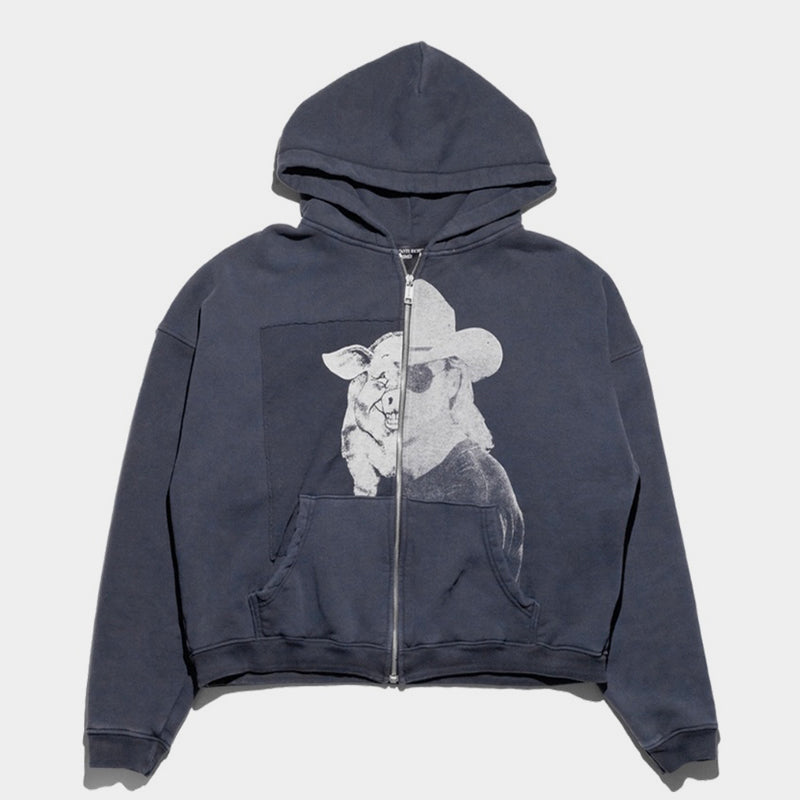 Cowboy Pig Graphic Oversized Hoodie - Vintage Zip-Up Streetwear | LuxuryUrbanwear - Luxuryurbanwear