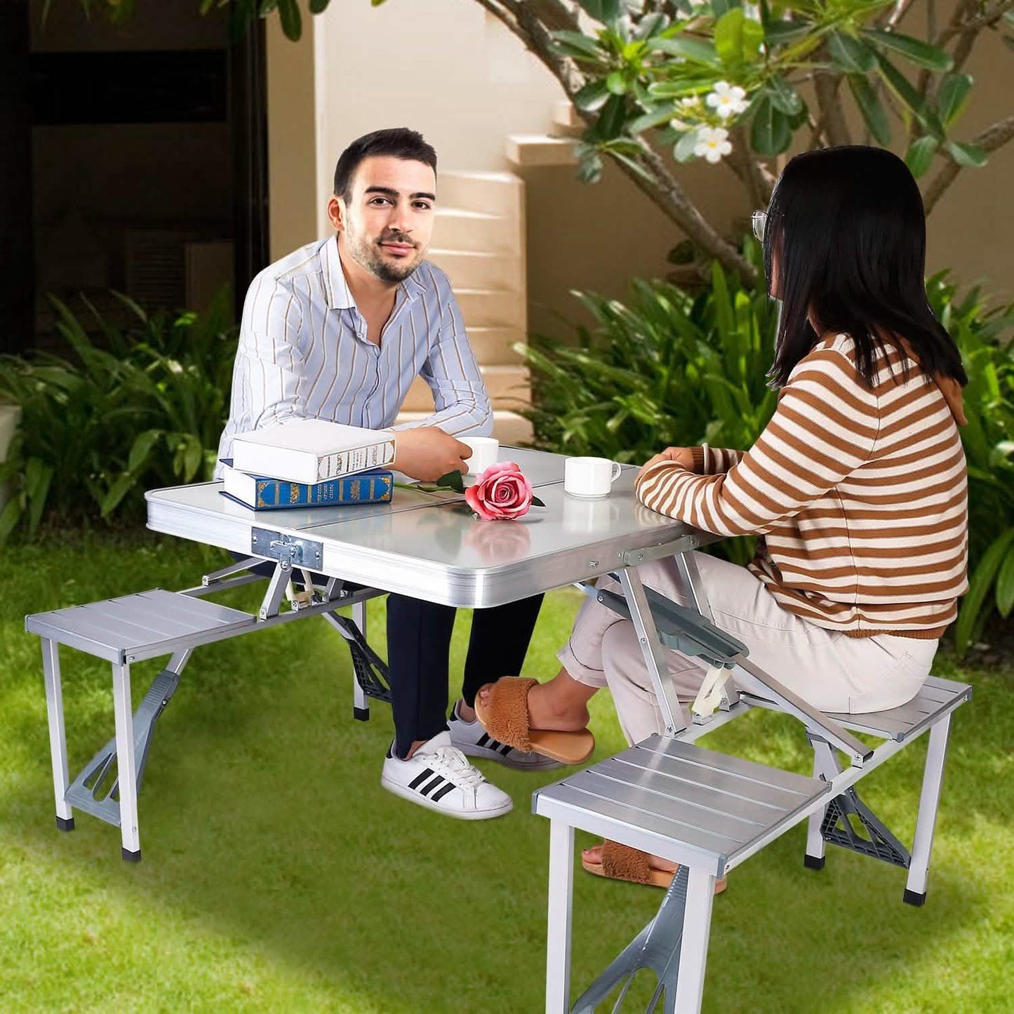 Folding Picnic Table with 4 Seats and Umbrella Hole DailySale
