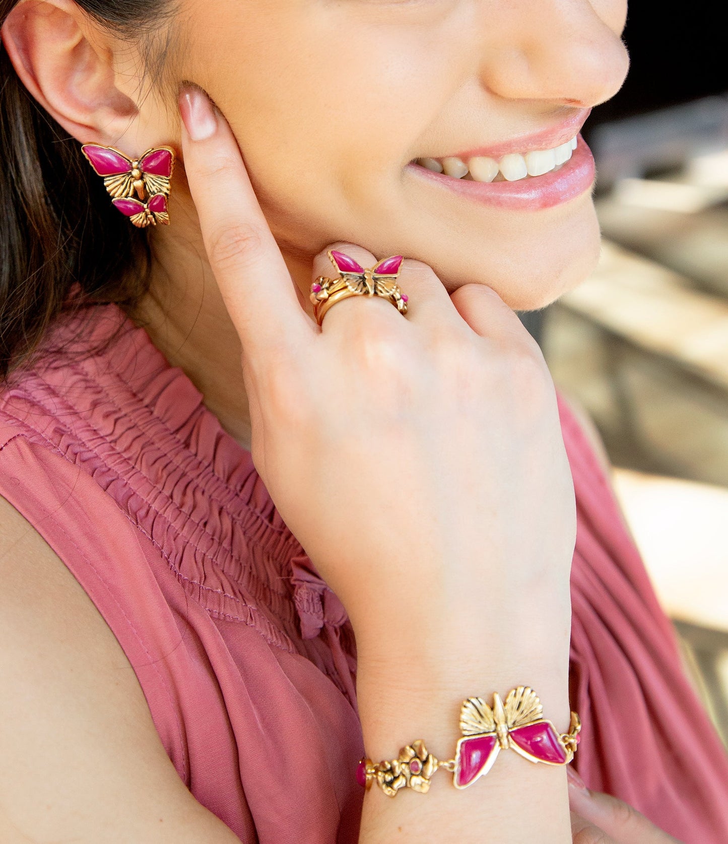 Pink Fuchsia Agate Golden Butterflies Triple Ring Set Barse Jewelry