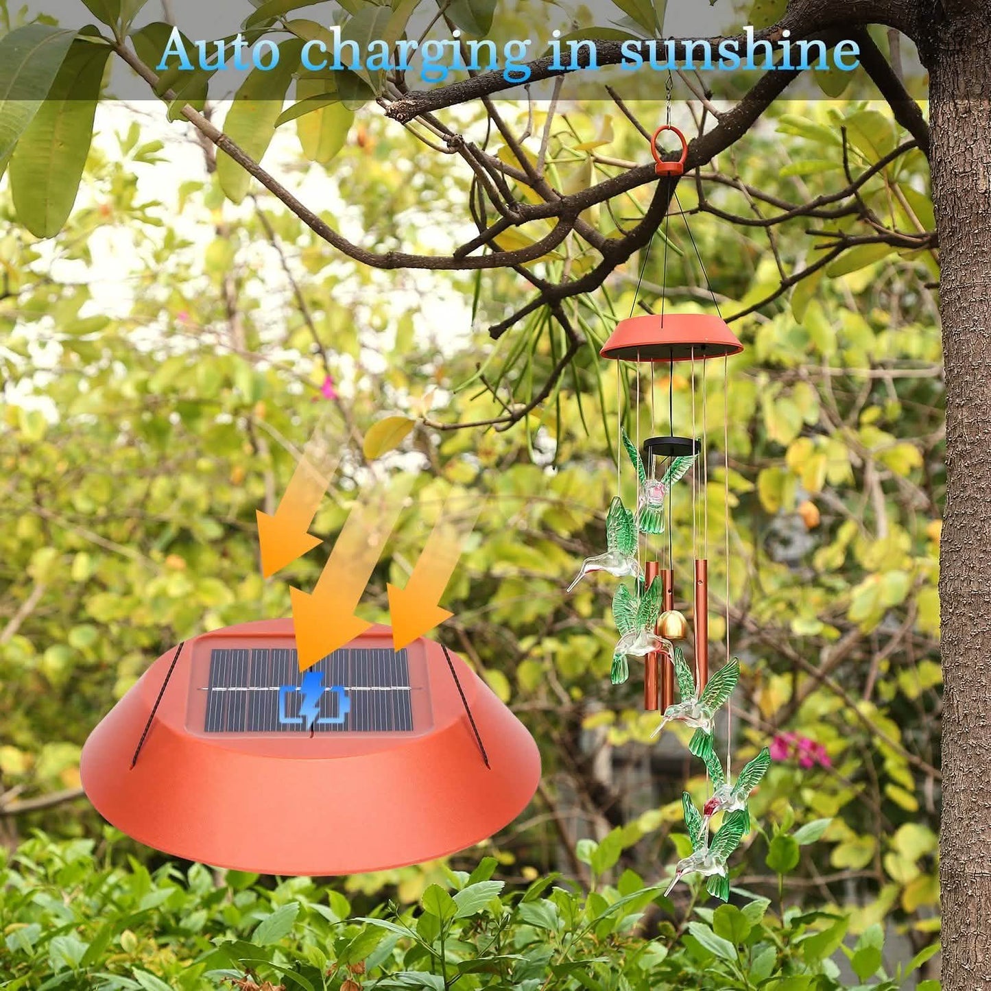 Garden Patio Yard Waterproof Solar Hummingbird Wind Chimes DailySale