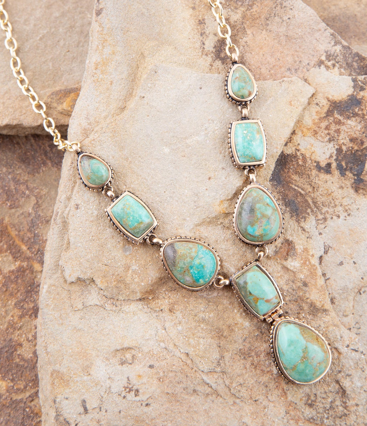 Genuine Blue Turquoise Roped Golden Bronze Y Necklace Barse Jewelry