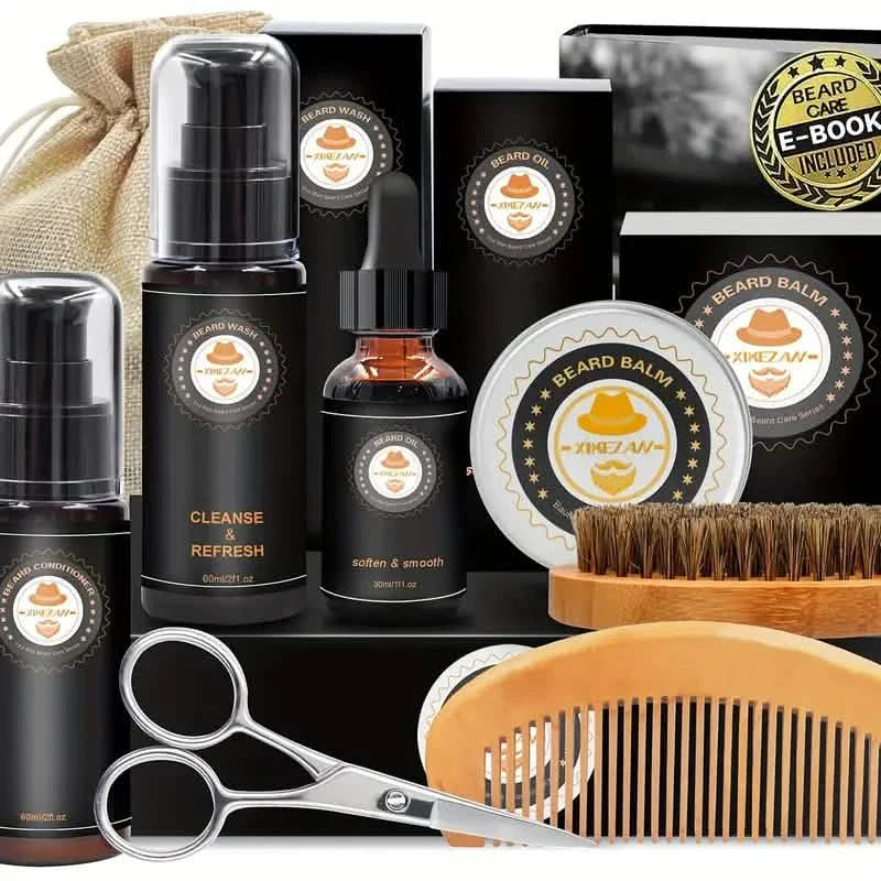 Grooming Kit w/Beard Conditioner, Oil, Balm, Brush, Wash, Comb, Scissor, Bag, E-Book DailySale