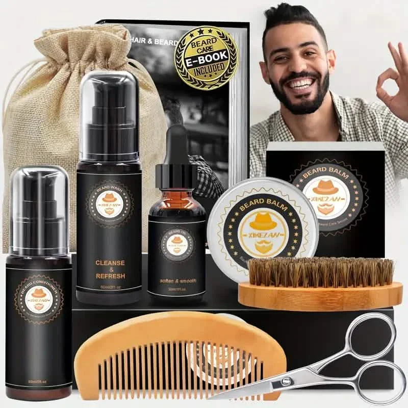Grooming Kit w/Beard Conditioner, Oil, Balm, Brush, Wash, Comb, Scissor, Bag, E-Book DailySale