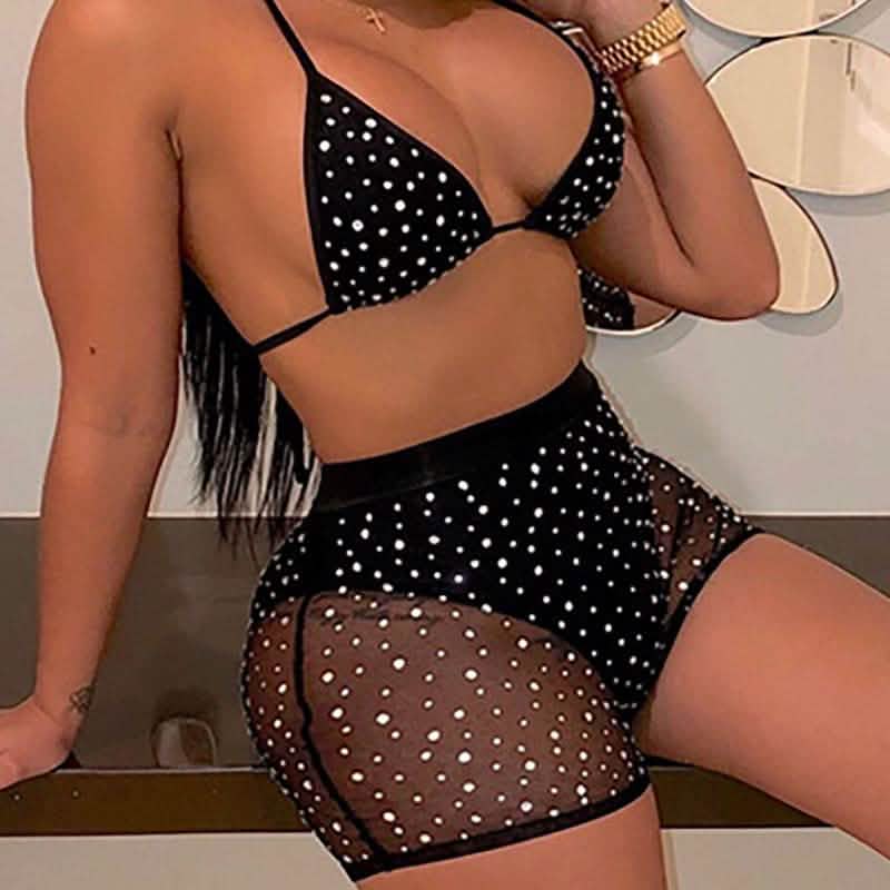 Halter See Through Sequins Mesh Bra & Shorts DailySale