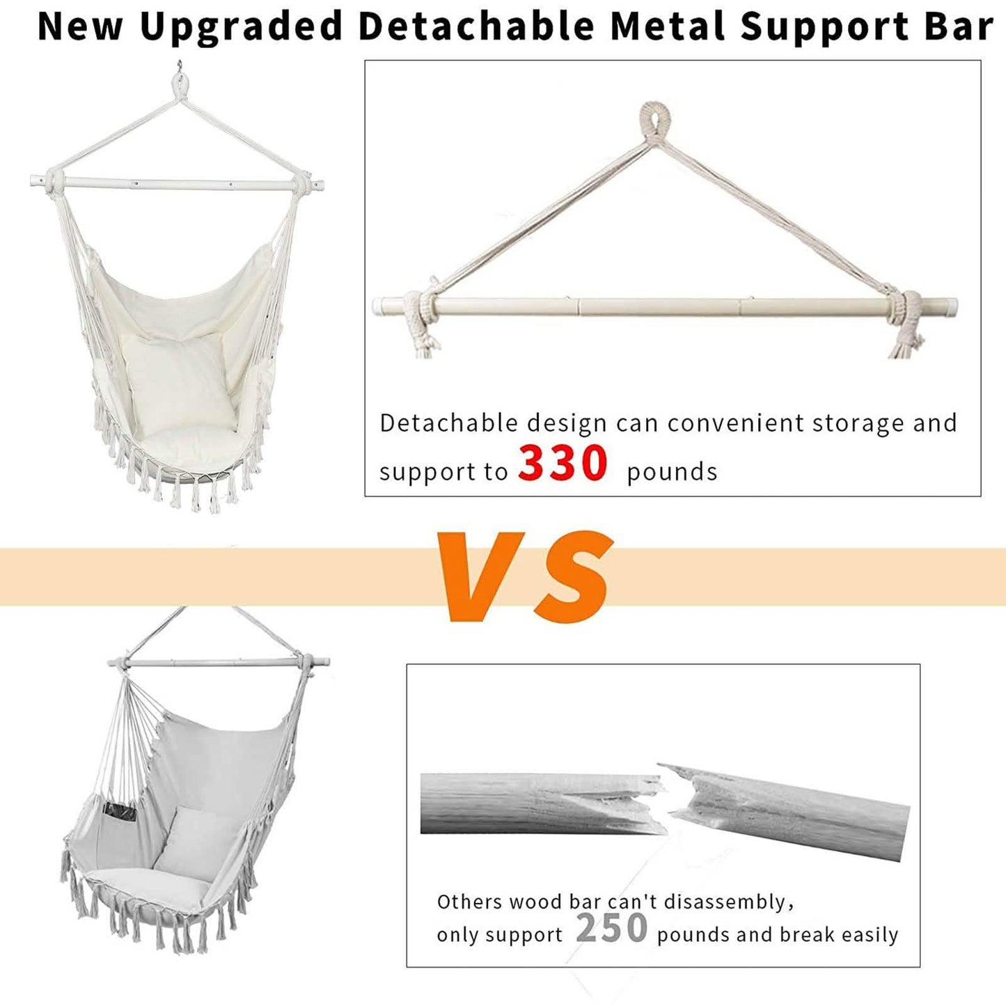 Hammock Chair Swing Seat with Detachable Metal Support Bar and 2 Seat Cushions DailySale