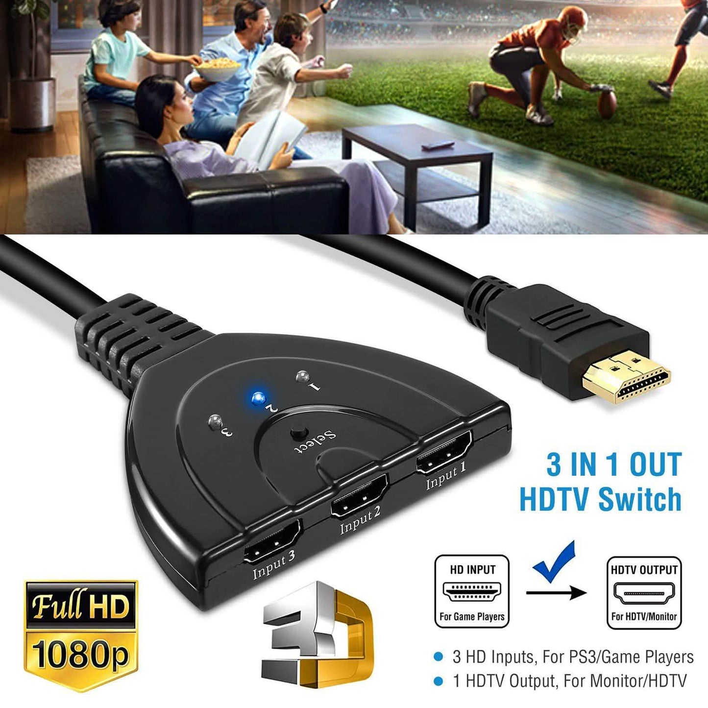 HDMI 1080P 3-in-1 Output HDTV Switch Splitter DailySale
