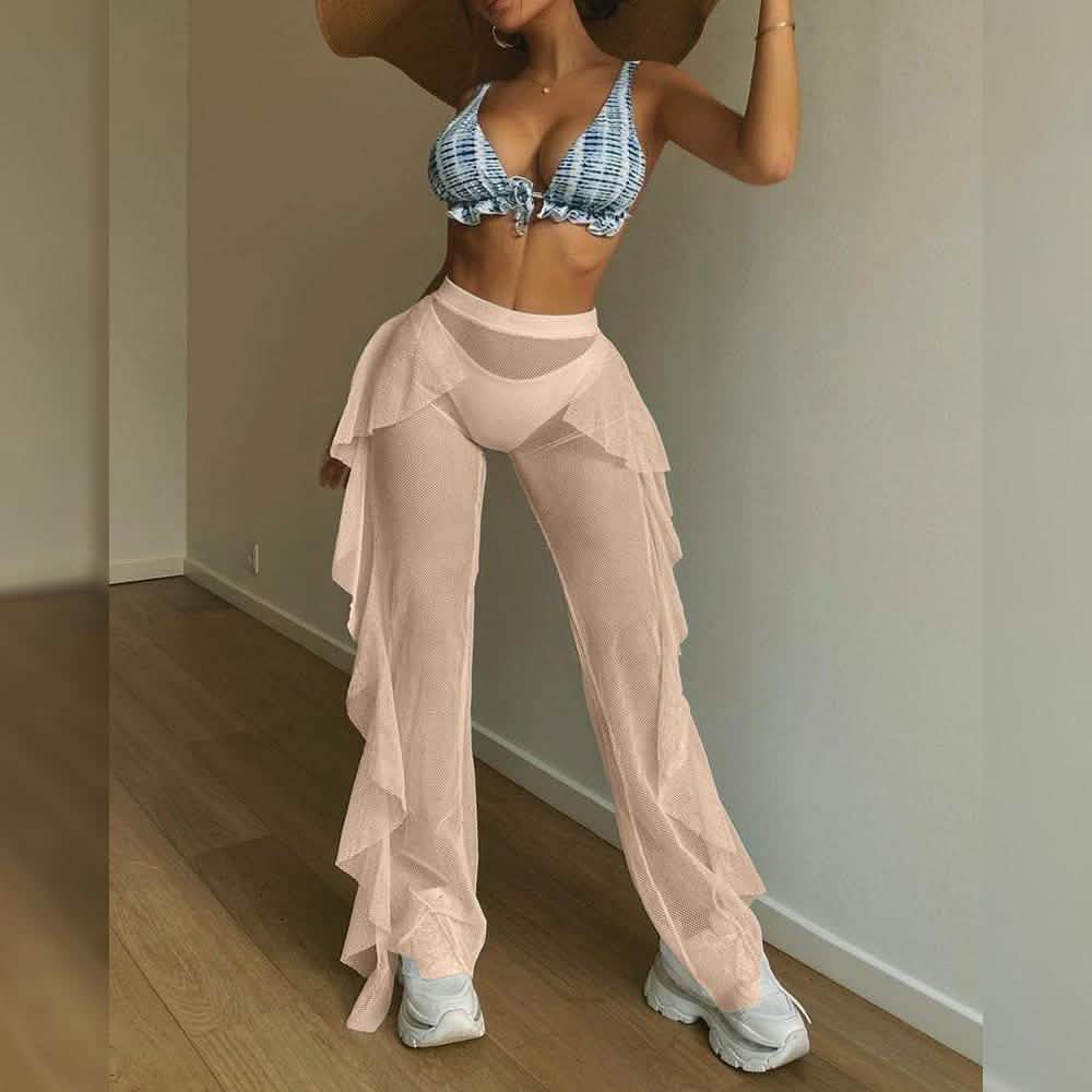 High Waist Sheer Mesh Ruffles Cover Up Pants DailySale