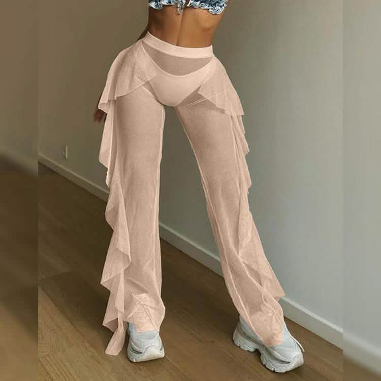High Waist Sheer Mesh Ruffles Cover Up Pants DailySale