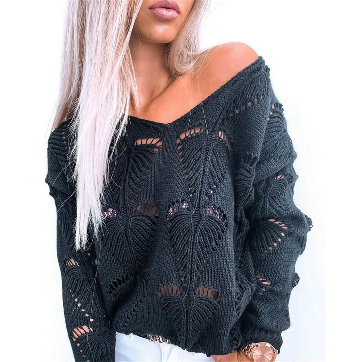 Hollow Out Design See Through V-Neck Long Sleeve Sweater DailySale