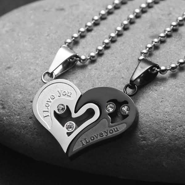 I Love You for Couple Iron Chain Black Heart Love Necklace DailySale