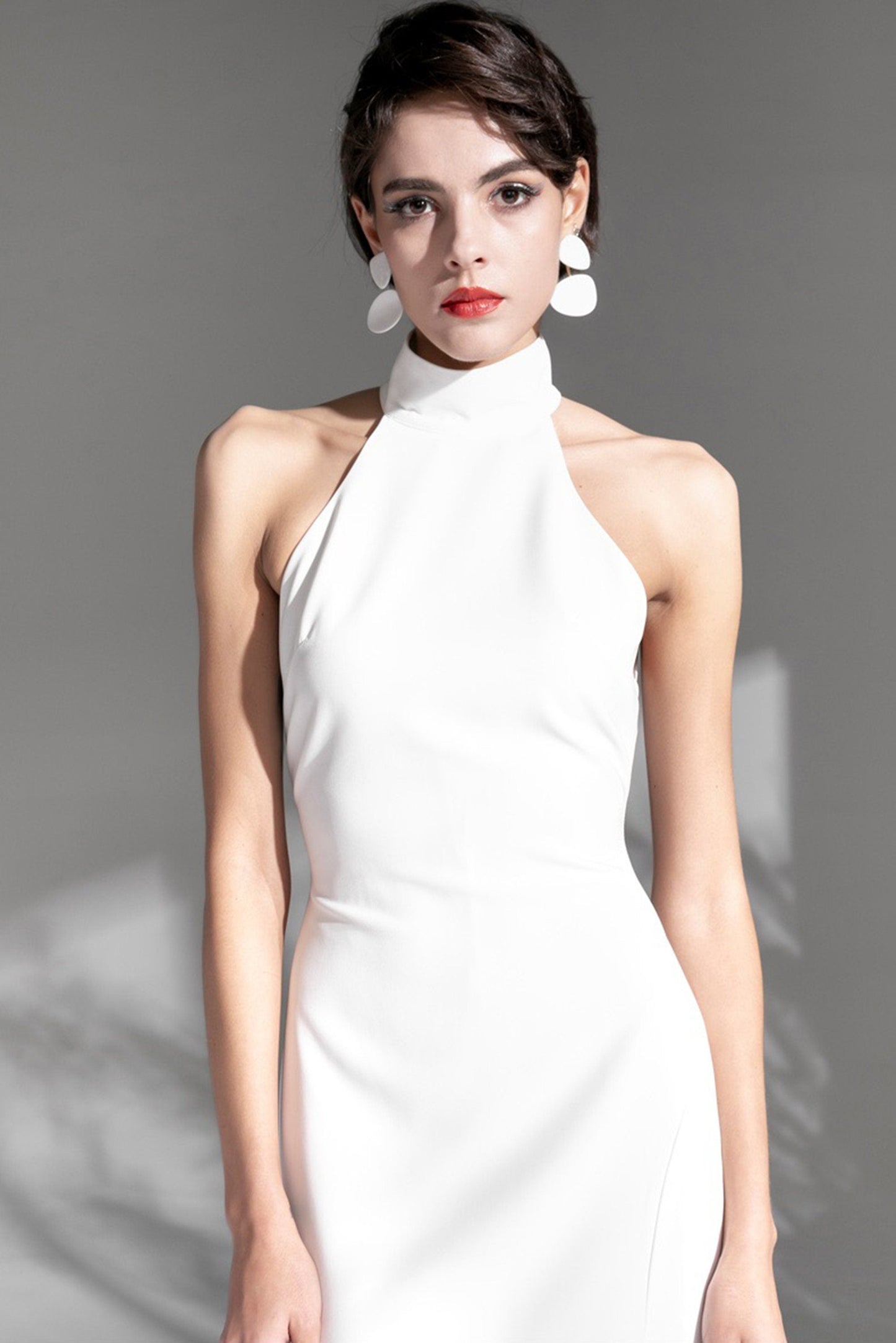 Elegant Haltered Hallowed Back Satin wedding dress thigh Split mini wedding dress SelenaHuanStudio