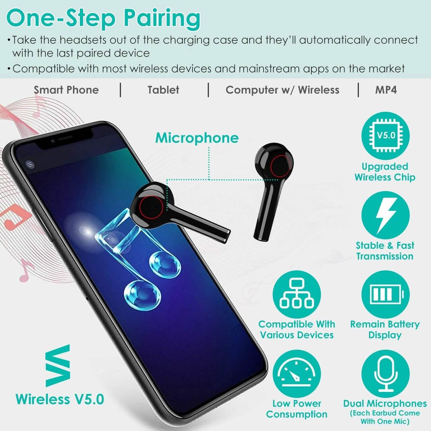 IPX5 Waterproof Wireless 5.0 TWS Earbuds Wireless Headset with Mic DailySale