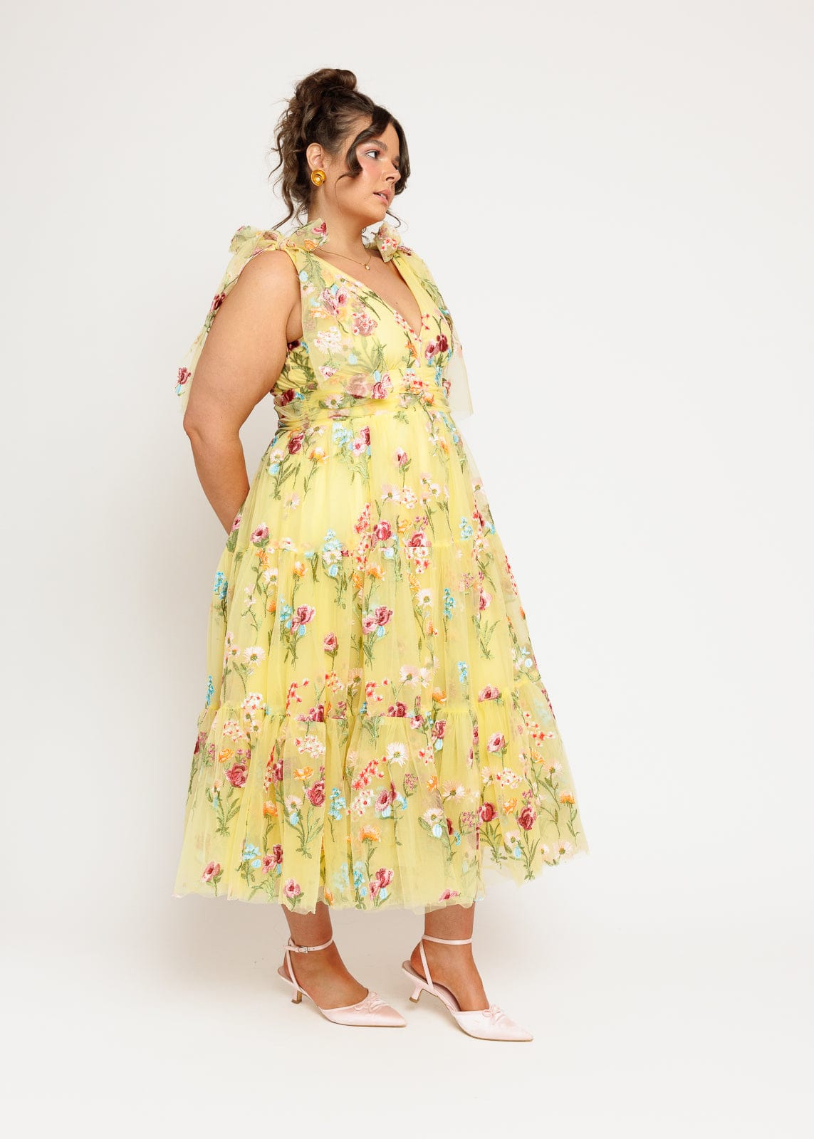 Margaret Floral Embroidered Midi Dress Yellow JessaKae