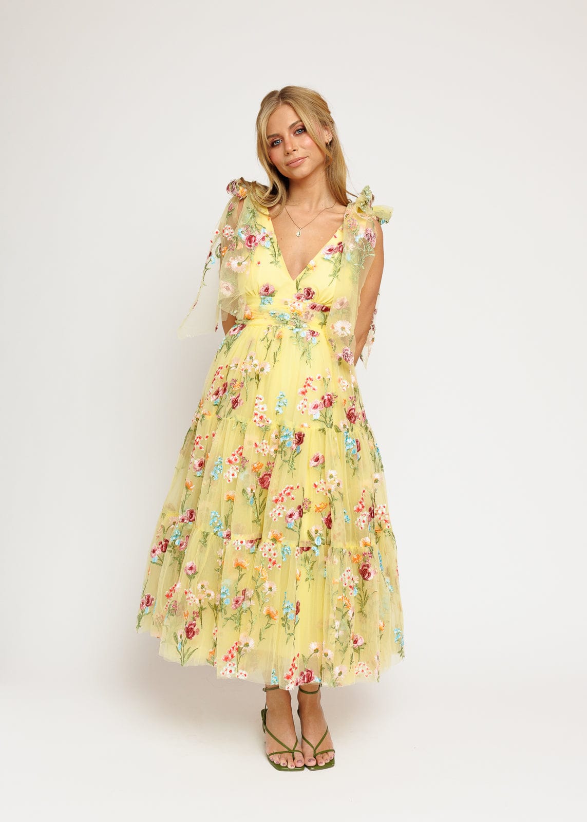 Margaret Floral Embroidered Midi Dress Yellow JessaKae