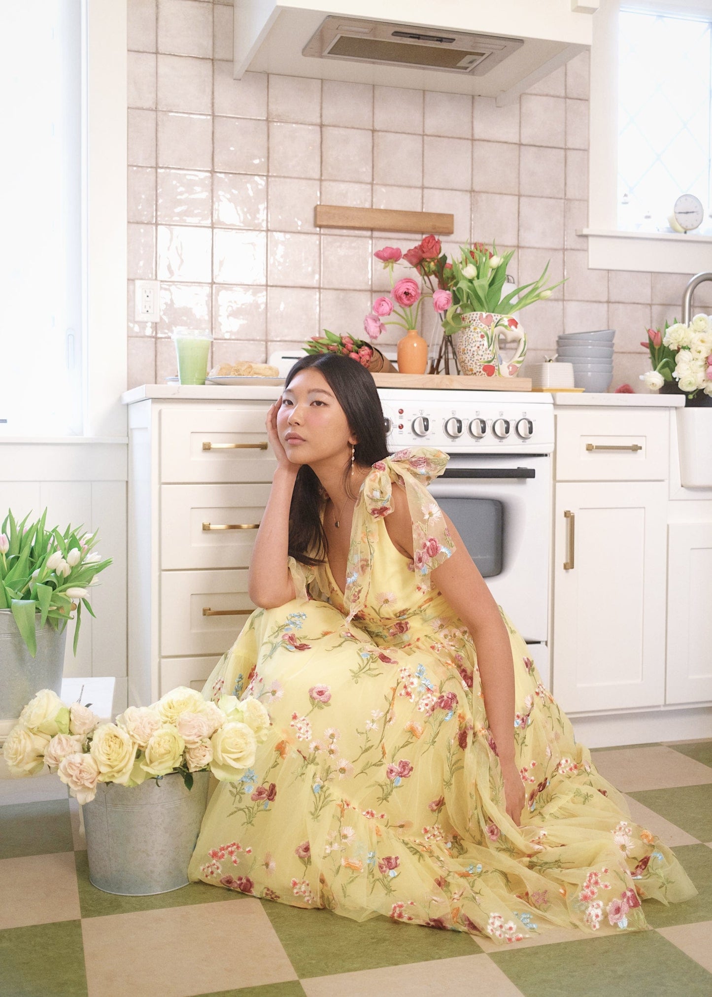 Margaret Floral Embroidered Midi Dress Yellow JessaKae