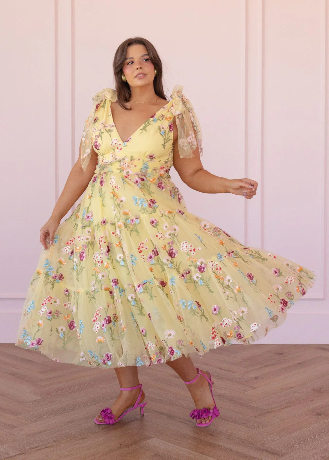 Margaret Floral Embroidered Midi Dress Yellow JessaKae