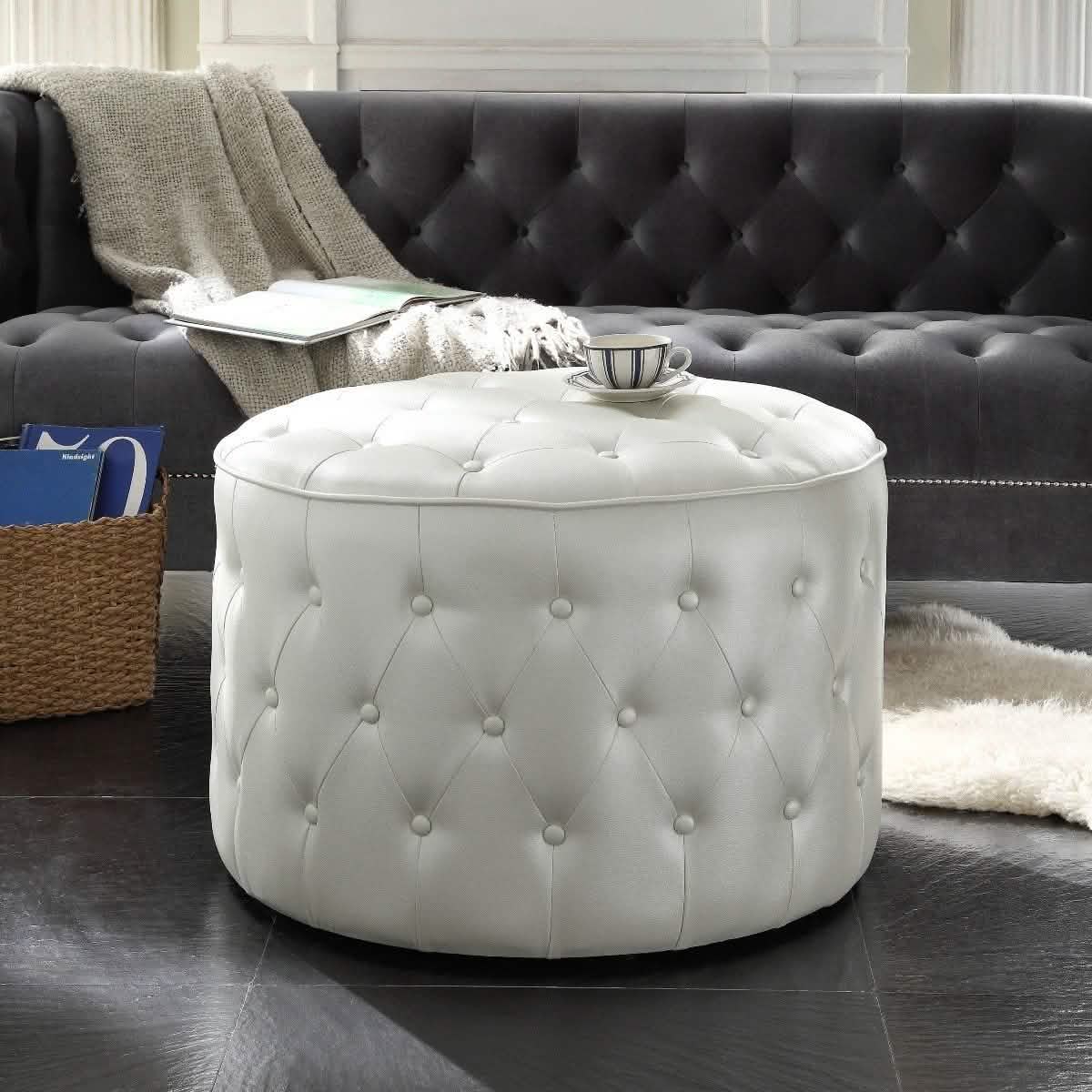 Jimmy Ottoman Button Tufted PU Leather Upholstered Round Pouf DailySale