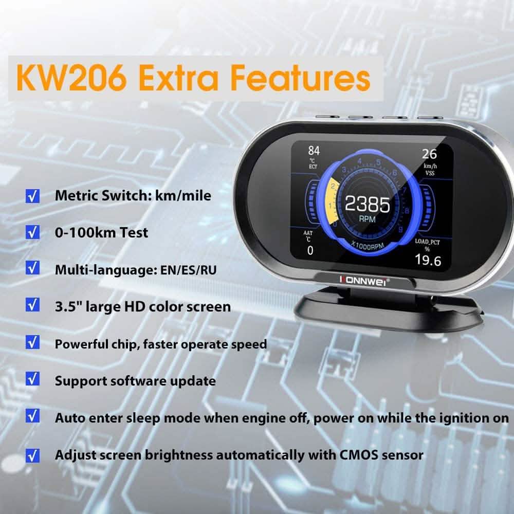 KONNWEI KW206 Car OBD2 HUD Digital Meter RPM Gauge DailySale