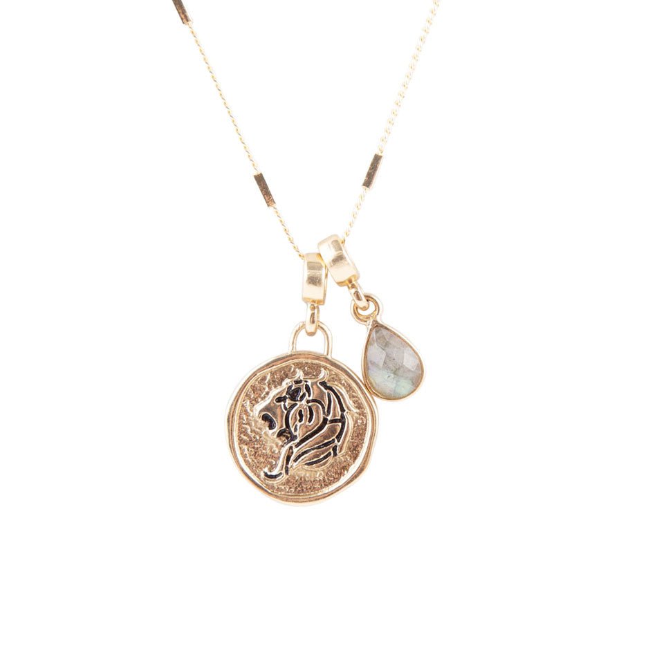 Leo - Zodiac Gray Labradorite Golden Charm Necklace Barse Jewelry