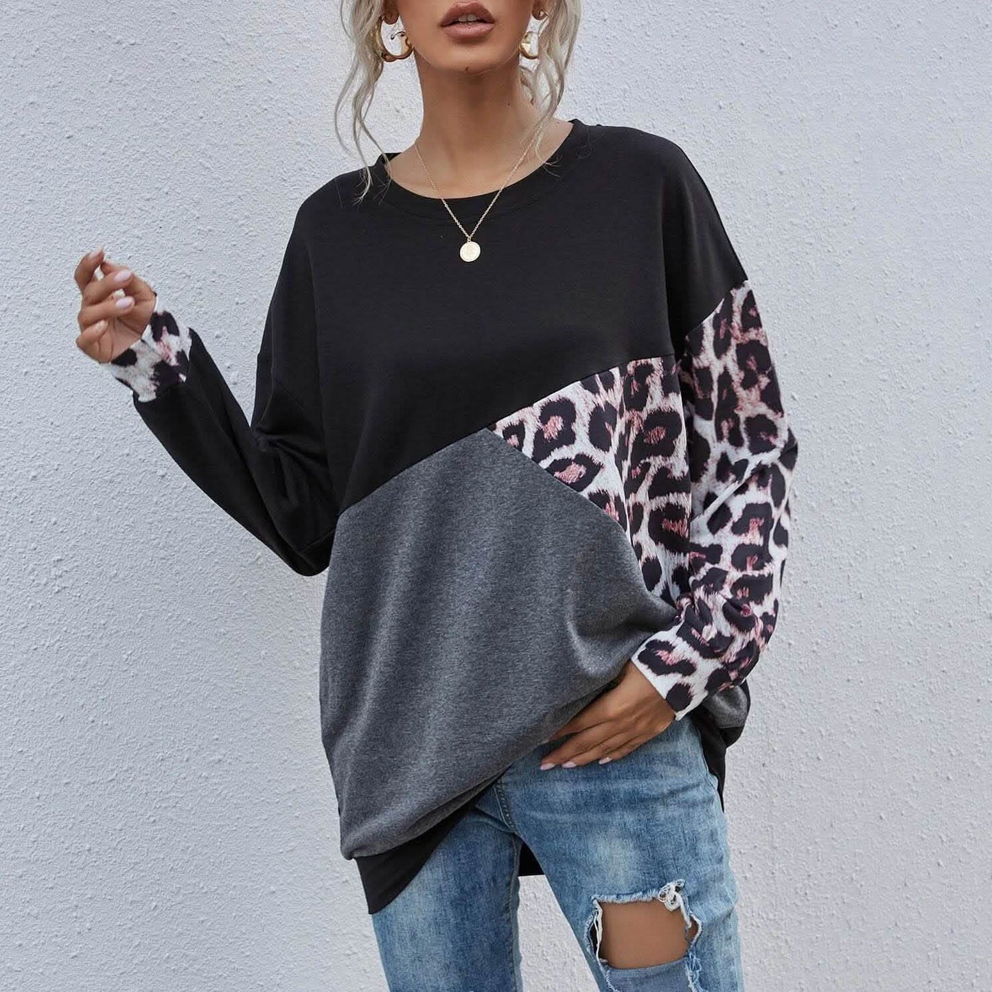 Leopard Print Colorblock Drop Shoulder Sweatshirt DailySale