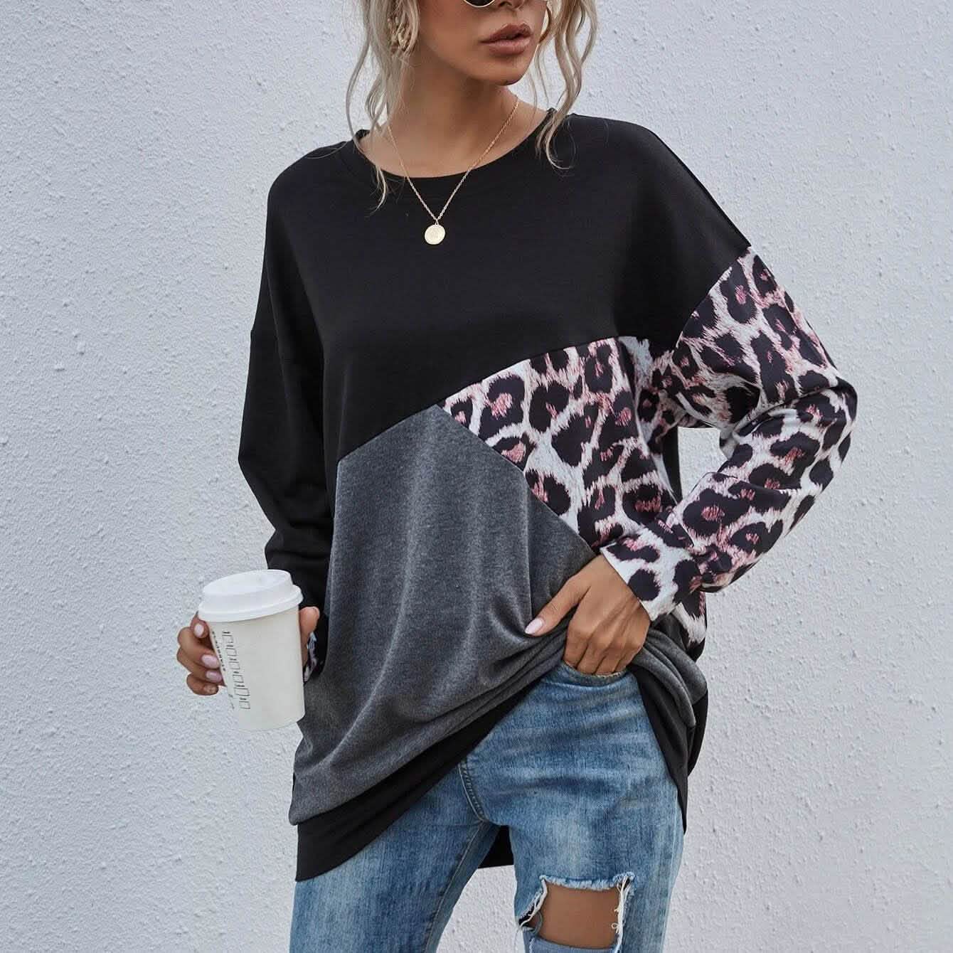 Leopard Print Colorblock Drop Shoulder Sweatshirt DailySale