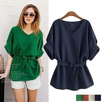Linen-Blend Loose-Cut Casual Short Sleeve Top with Belt DailySale