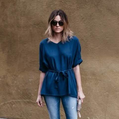 Linen-Blend Loose-Cut Casual Short Sleeve Top with Belt DailySale