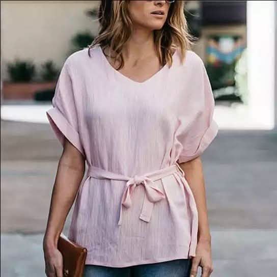 Linen-Blend Loose-Cut Casual Short Sleeve Top with Belt DailySale