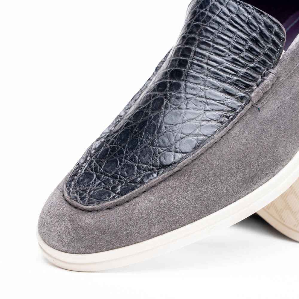 11-603-GRY BENE Sueded Italian Goatskin & Crocodile Loafer Grey