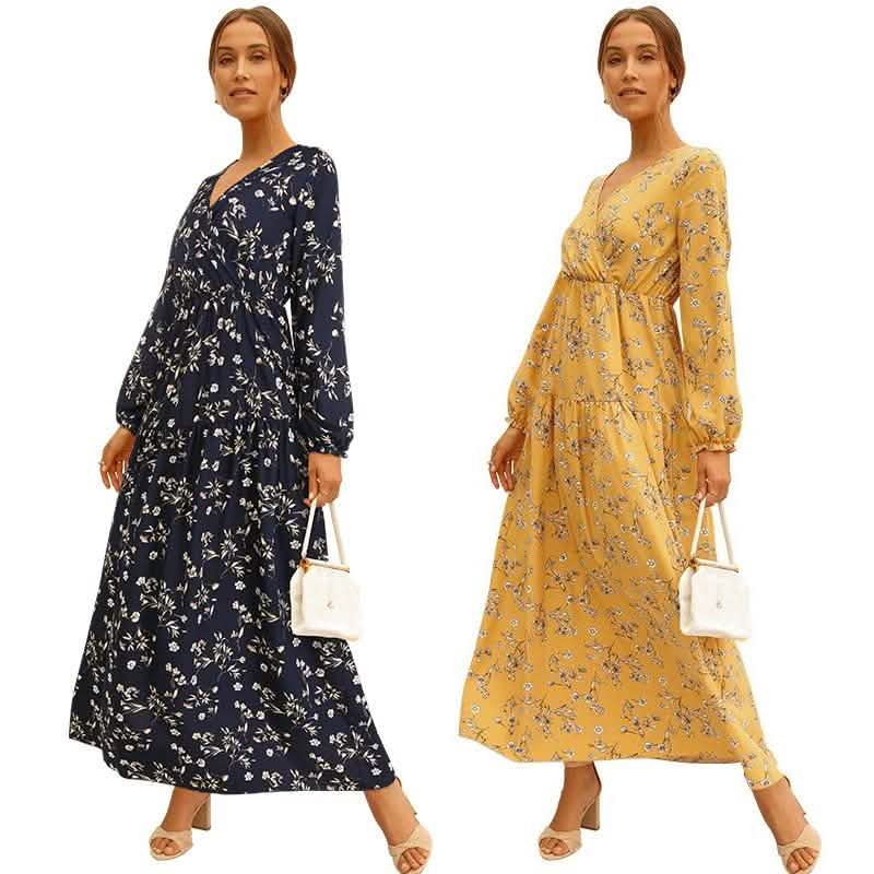 Long Sleeve Fashion Casual High Waist Maxi Dress Slim Floral Print V Neck DailySale