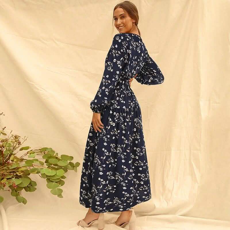 Long Sleeve Fashion Casual High Waist Maxi Dress Slim Floral Print V Neck DailySale