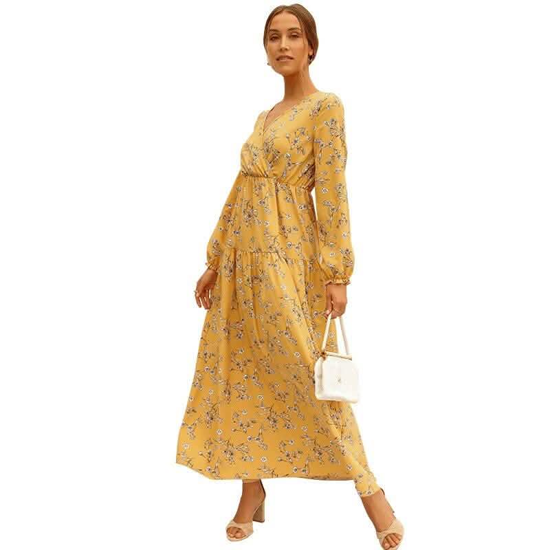 Long Sleeve Fashion Casual High Waist Maxi Dress Slim Floral Print V Neck DailySale