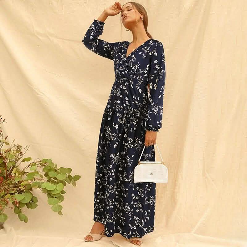 Long Sleeve Fashion Casual High Waist Maxi Dress Slim Floral Print V Neck DailySale