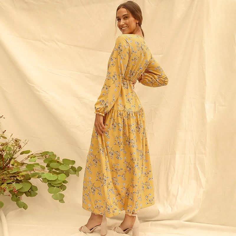 Long Sleeve Fashion Casual High Waist Maxi Dress Slim Floral Print V Neck DailySale