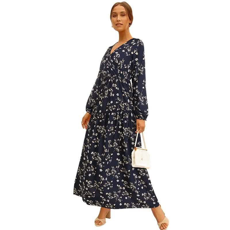 Long Sleeve Fashion Casual High Waist Maxi Dress Slim Floral Print V Neck DailySale