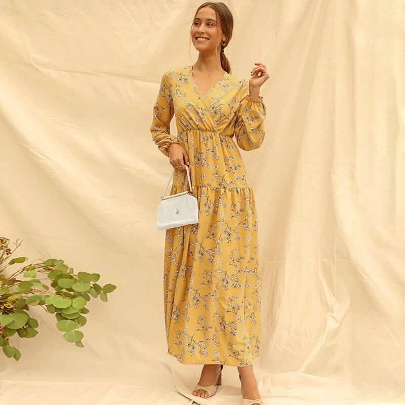 Long Sleeve Fashion Casual High Waist Maxi Dress Slim Floral Print V Neck DailySale