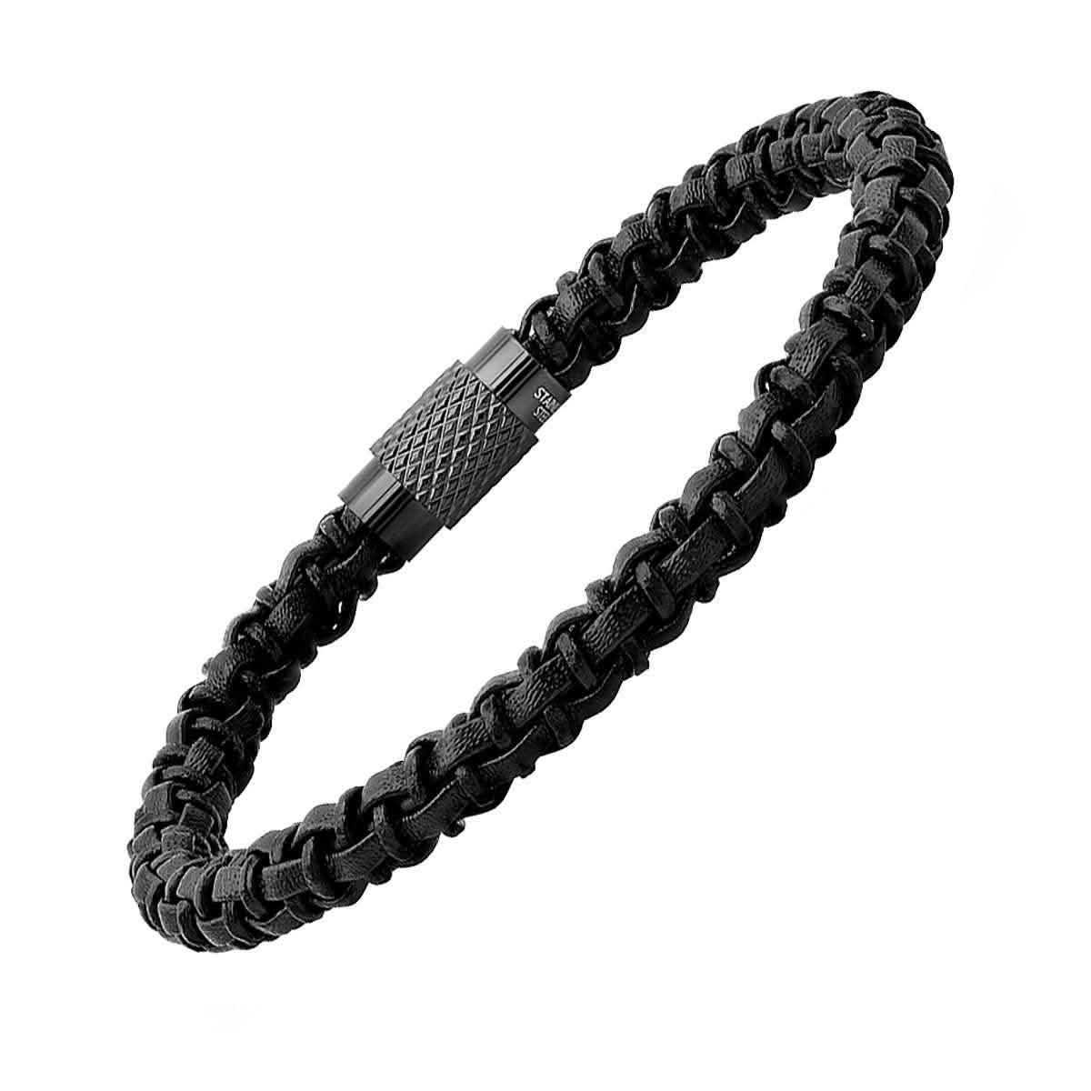 Men's Black Braided Leather Bracelet with Black IP Stainless Steel Accented Magnetic Clasp DailySale