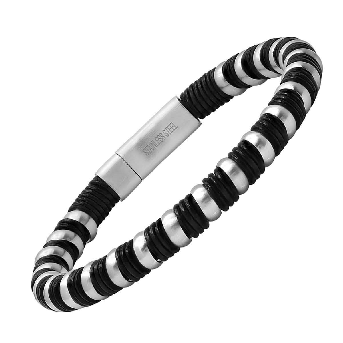 Men's Black Leather and Stainless Steel Braided Bracelet DailySale