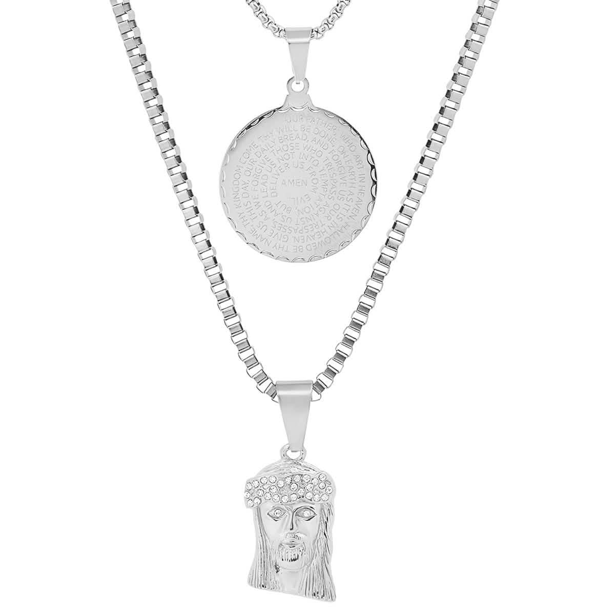 Men's Box Chain Double Row Pendant and Jesus Head Necklace DailySale