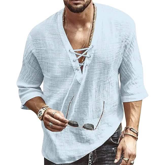 Men's Fashion Shirt Short Sleeve Beach V-Neck Drawstring DailySale