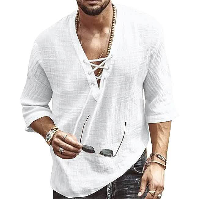 Men's Fashion Shirt Short Sleeve Beach V-Neck Drawstring DailySale