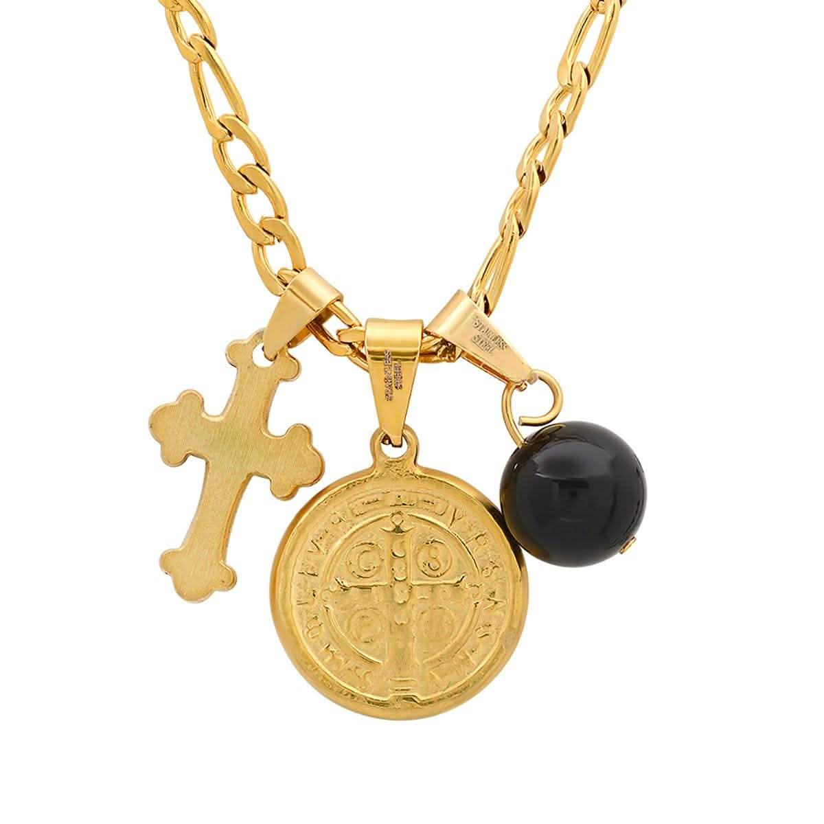 Men's Stainless Steel and Black Enamel St. Benedict, Black Ball and Cross Charm Pendant DailySale