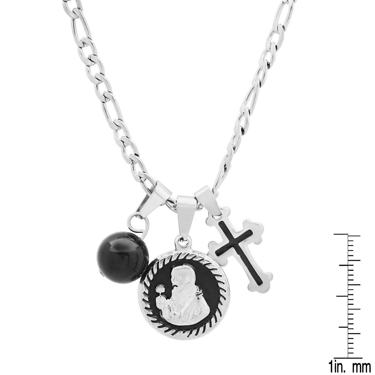Men's Stainless Steel and Black Enamel St. Benedict, Black Ball and Cross Charm Pendant DailySale